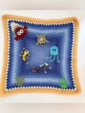 Handmade Amigurumi Ocean Crochet Baby Blanket 3D Sea Creatures 28" Wall Hanging